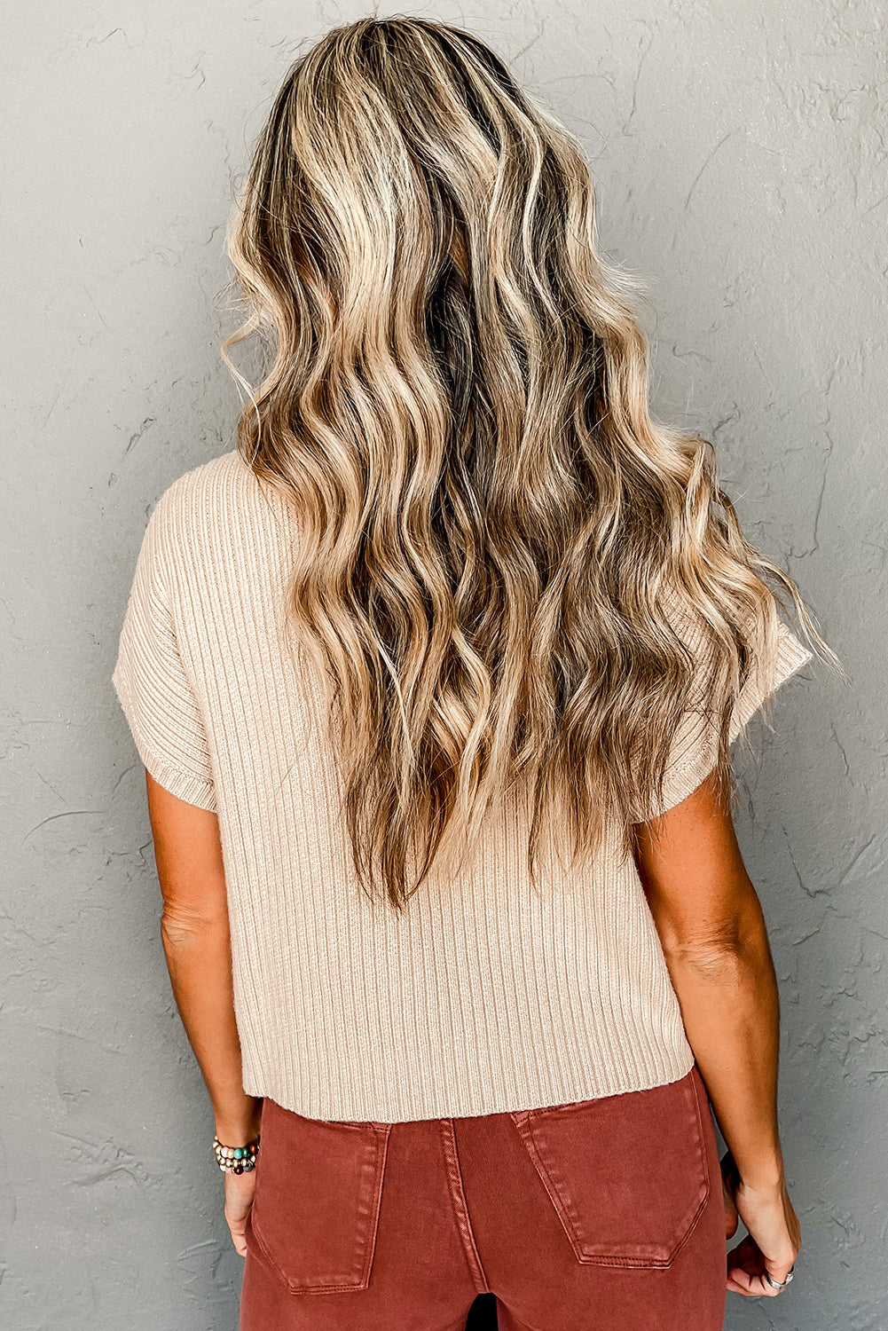 Oatmeal Ribbed Knit Short Sleeve Sweater with Patch Pocket