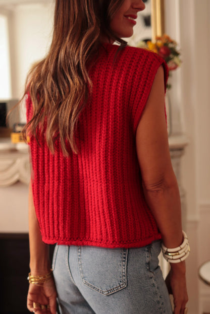 Fiery Red Solid Textured Knit Side Pockets Buttoned Sweater Vest - Bold Statement