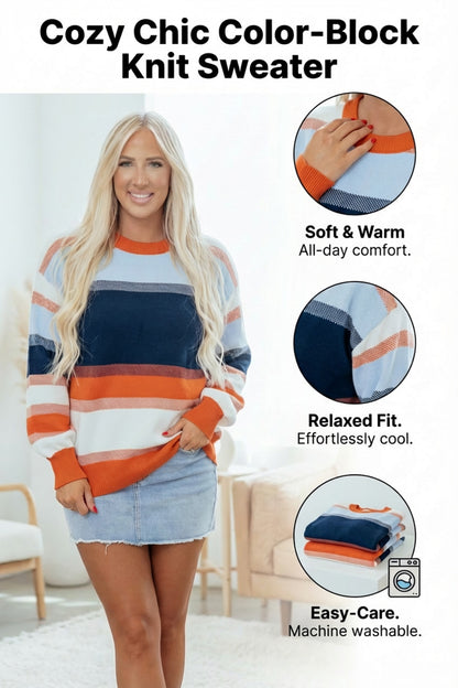 Dark Blue Color Block Round Neck Tunic Sweater - Modern Elegance