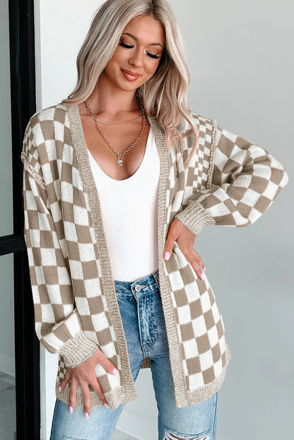 Brown Checkered Open Front Drop Shoulder Cardigan - Cozy Layer