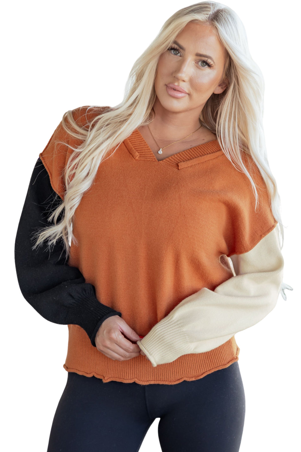 Desert Gold Colorblock Raw Edge Bubble Sleeve V Neck Sweater - Statement Style
