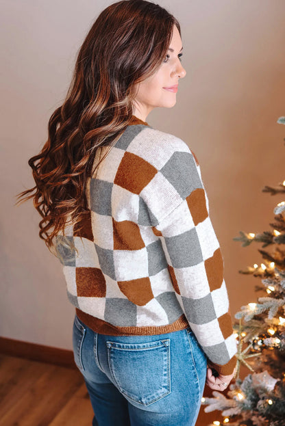 Brown Plus Size Checkered Crewneck Sweater - Comfortable Style
