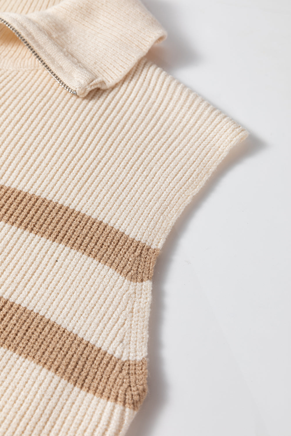 Khaki Stripe Ribbed Half Zip Collared Sweater Vest - Preppy Style