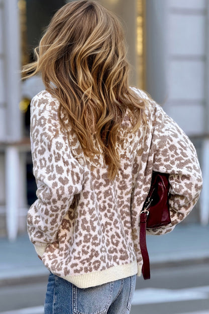 Khaki Leopard Drop Shoulder Chunky Knitted Cardigan Sweater - Wild Style