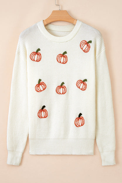 Beige Pumpkin Embroidered Ribbed Thanksgiving Halloween Holiday Sweater - Festive Style