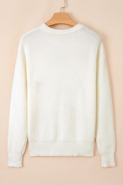 Beige Pumpkin Embroidered Ribbed Thanksgiving Halloween Holiday Sweater - Festive Style