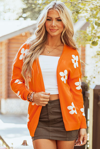 Orange Floral Print Open Front Cardigan - Cozy Fall Knit Sweater