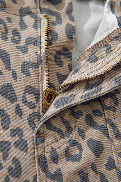 Khaki Leopard Printed Drawstring Elastic Waistband Pocketed Wide Leg Jeans