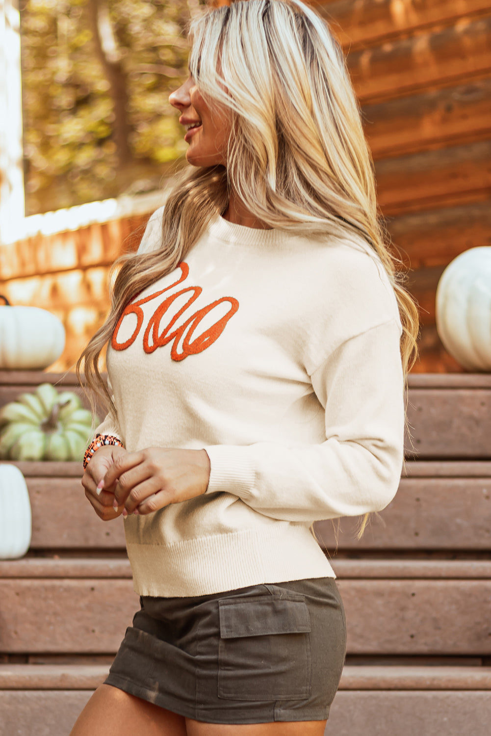 Apricot Boo Knitted Pattern Ribbed Edge Drop Shoulder Sweater - Playful Style