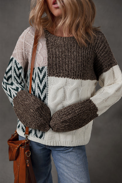 Brown Color Block Patchwork Knotted Back Loose Fit Sweater - Artistic Design