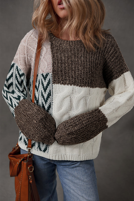 Brown Color Block Patchwork Knotted Back Loose Fit Sweater - Artistic Design