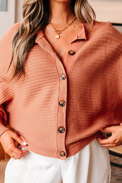 Apricot Pink Wide Rib Knit Button Front Dolman Sleeve Sweater Cardigan - Soft Romance