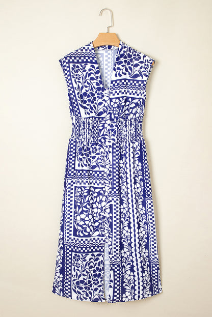 Dirty blue Shirred Waist V Neck Sleeveless Floral Print Midi Dress