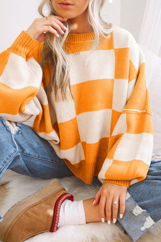 Orange Checkered Bishop Sleeve Sweater - Trendy Fall Knit