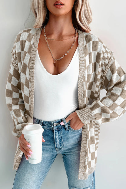 Brown Checkered Open Front Drop Shoulder Cardigan - Cozy Layer