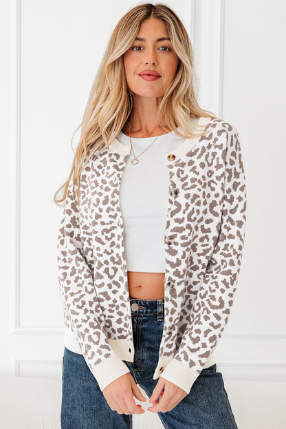 Khaki Leopard Drop Shoulder Chunky Knitted Cardigan Sweater - Wild Style