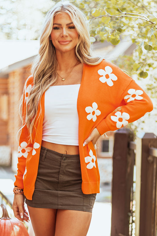 Orange Floral Print Open Front Cardigan - Cozy Fall Knit Sweater