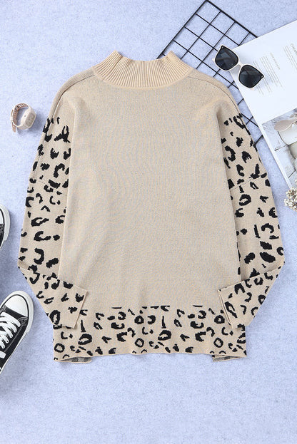 Khaki Leopard Print High Neck Oversized Sweater - Trendy Side Slits