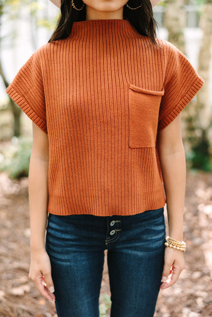 Gold Flame Pattern Patch Pocket Ribbed Knit Short Sleeve Sweater - Statement Style