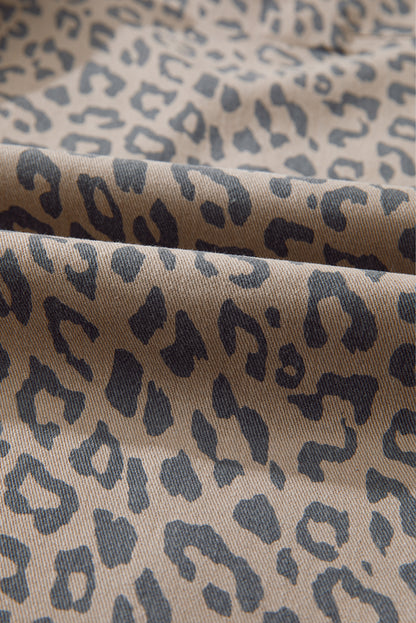 Khaki Leopard Printed Drawstring Elastic Waistband Pocketed Wide Leg Jeans
