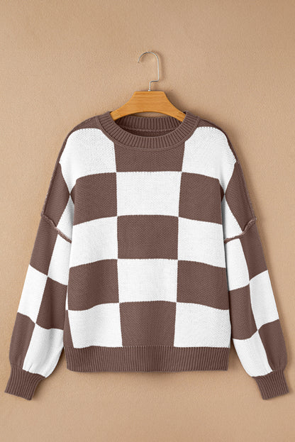 Dark Brown Checkered Bishop Sleeve Sweater - Rich Fall Statement
