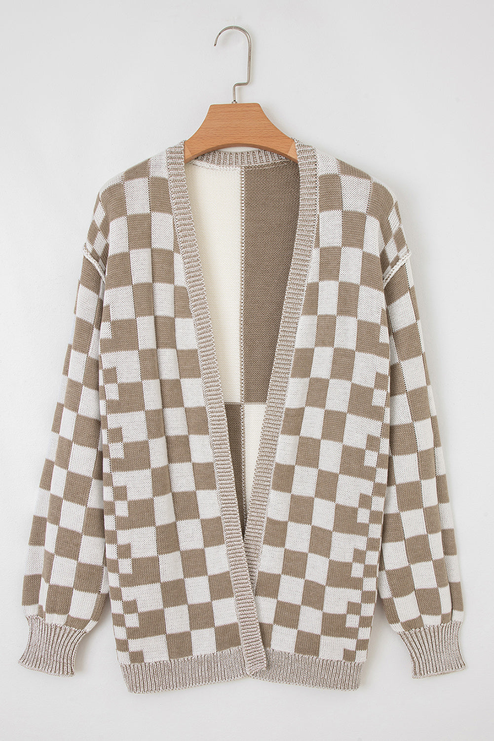 Brown Checkered Open Front Drop Shoulder Cardigan - Cozy Layer