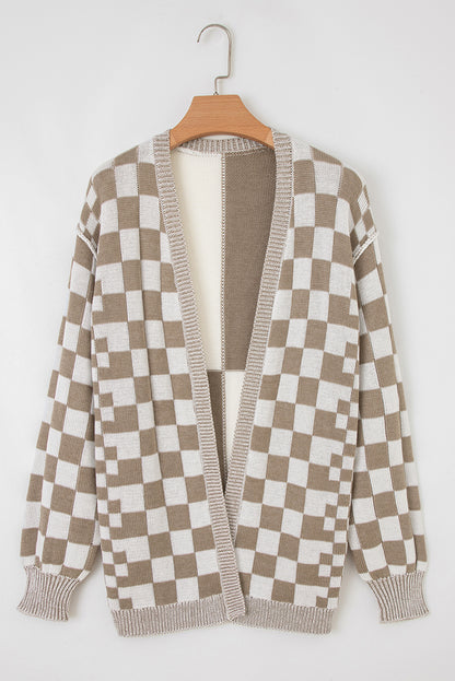 Brown Checkered Open Front Drop Shoulder Cardigan - Cozy Layer