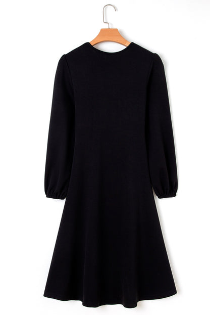 Black Solid Color Ruched Detail Long Sleeve Midi Dress