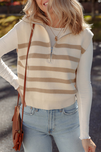 Khaki Stripe Ribbed Half Zip Collared Sweater Vest - Preppy Style