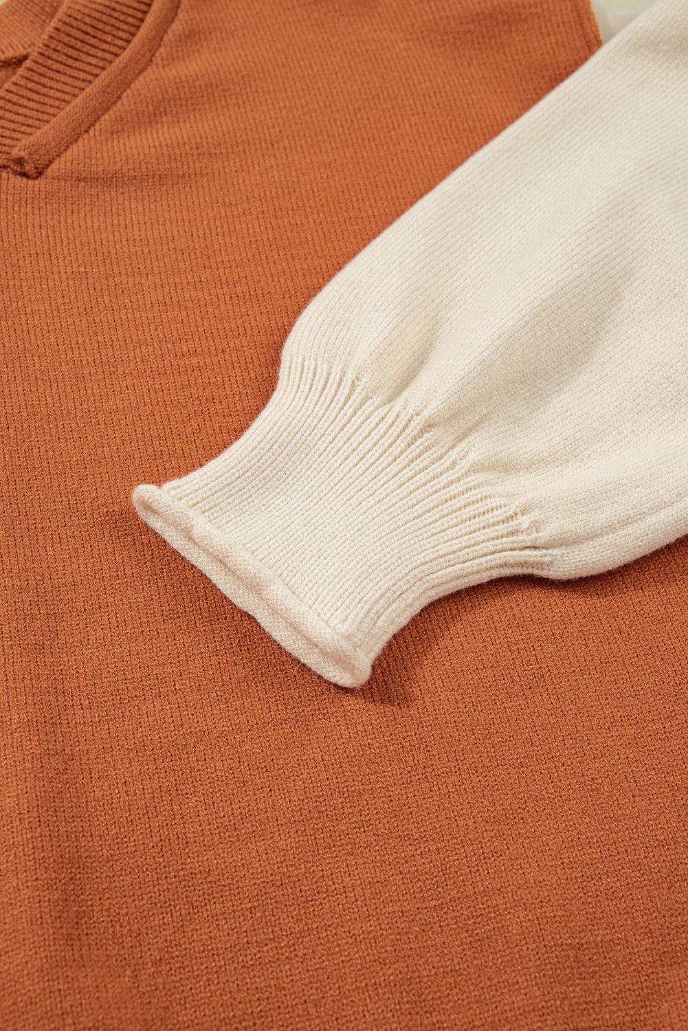 Desert Gold Colorblock Raw Edge Bubble Sleeve V Neck Sweater - Statement Style