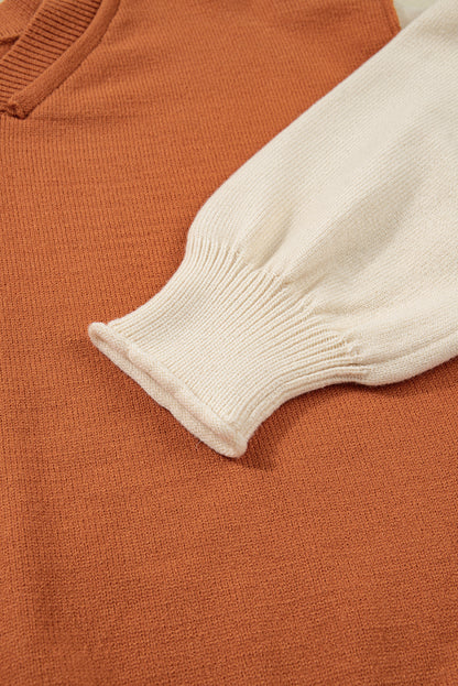 Desert Gold Colorblock Raw Edge Bubble Sleeve V Neck Sweater - Statement Style