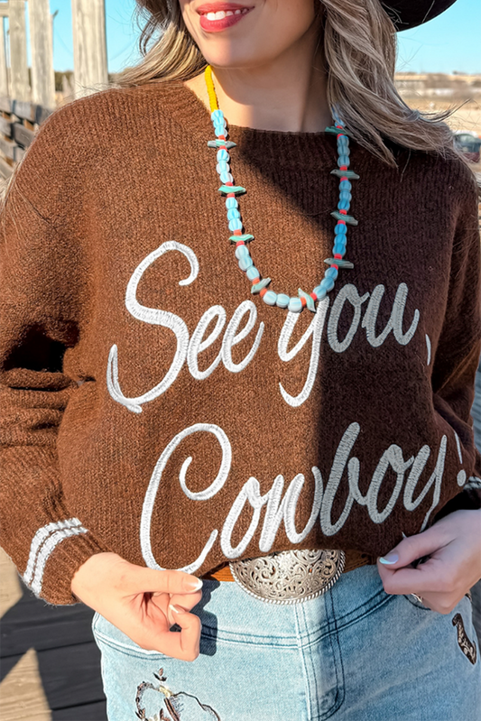 Coffee See You Cowboy Embroidered Western Graphic Sweater - Ranch Style