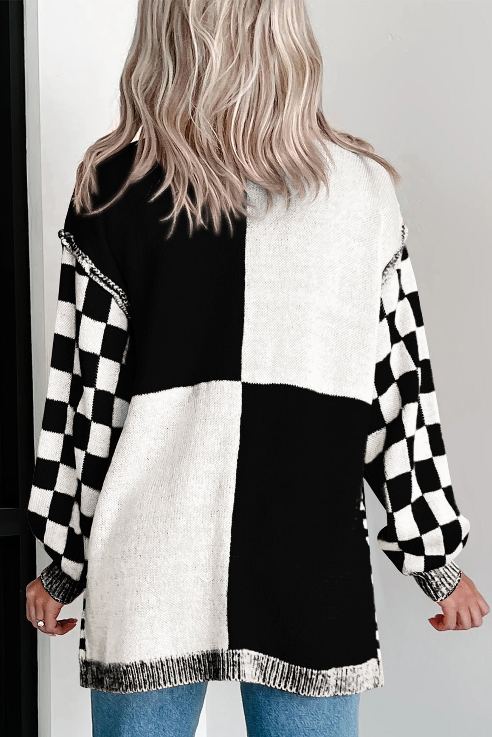 Black Checkered Open Front Drop Shoulder Cardigan - Timeless Classic Layer