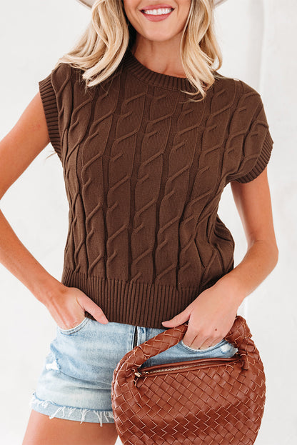 Dark Brown Cable Texture Crew Neck Short Sleeve Sweater Top - Rich Elegance
