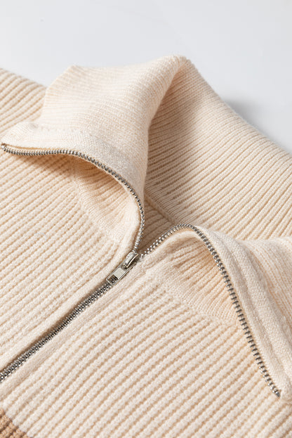Khaki Stripe Ribbed Half Zip Collared Sweater Vest - Preppy Style