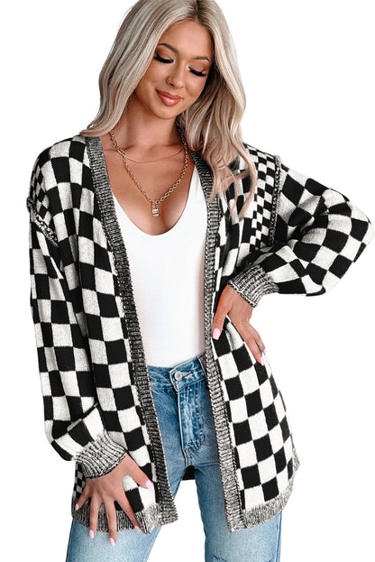 Black Checkered Open Front Drop Shoulder Cardigan - Timeless Classic Layer