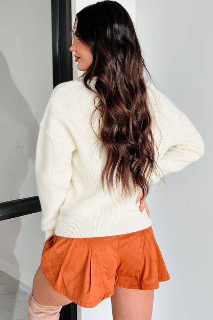 Beige Pumpkin Embroidered Ribbed Thanksgiving Halloween Holiday Sweater - Festive Style