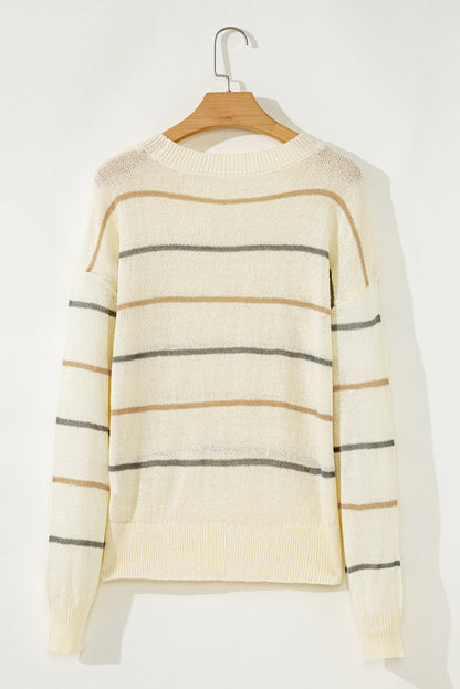Multicolour Striped Ribbed Edge Drop Shoulder Sweater - Rainbow Style