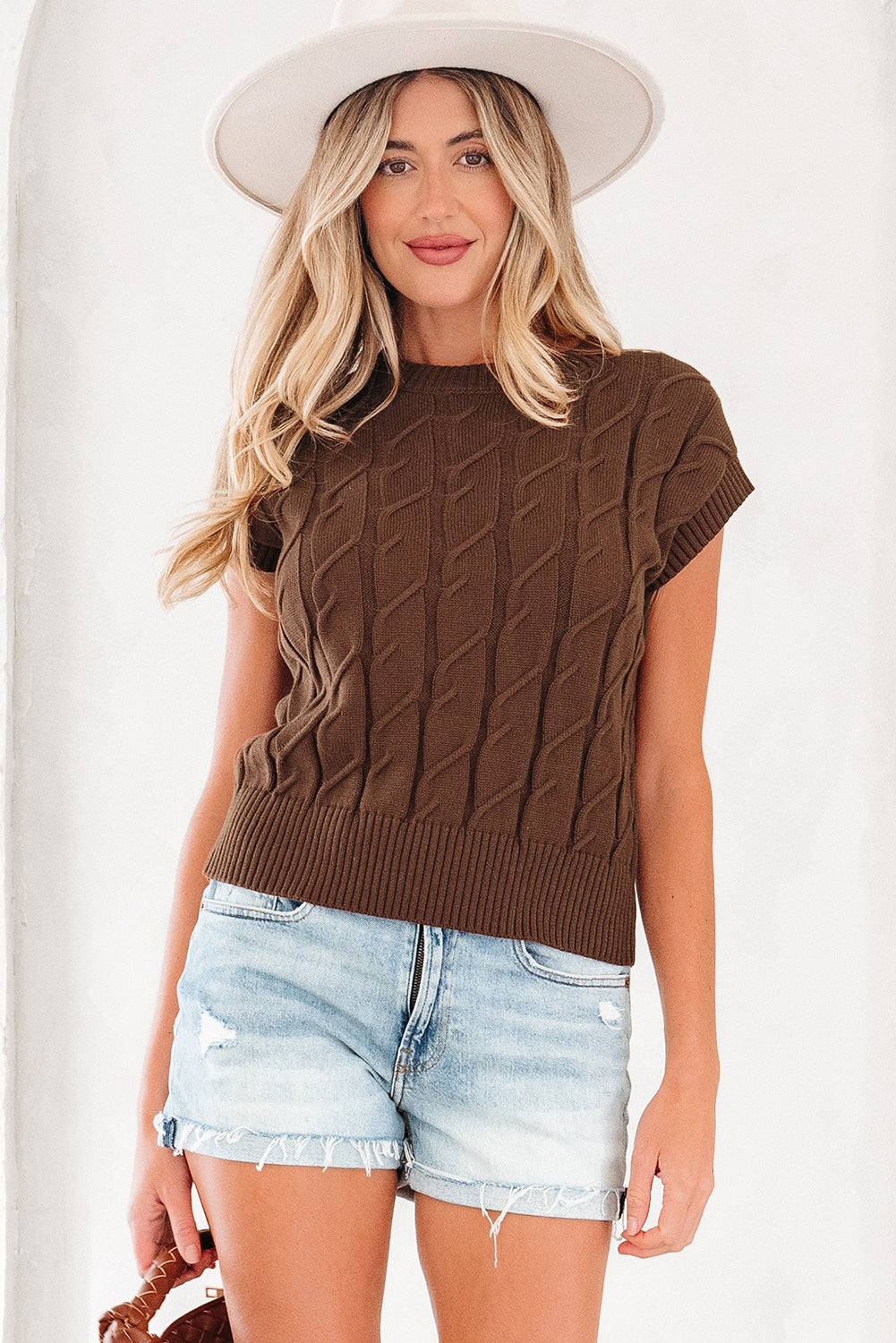 Dark Brown Cable Texture Crew Neck Short Sleeve Sweater Top - Rich Elegance