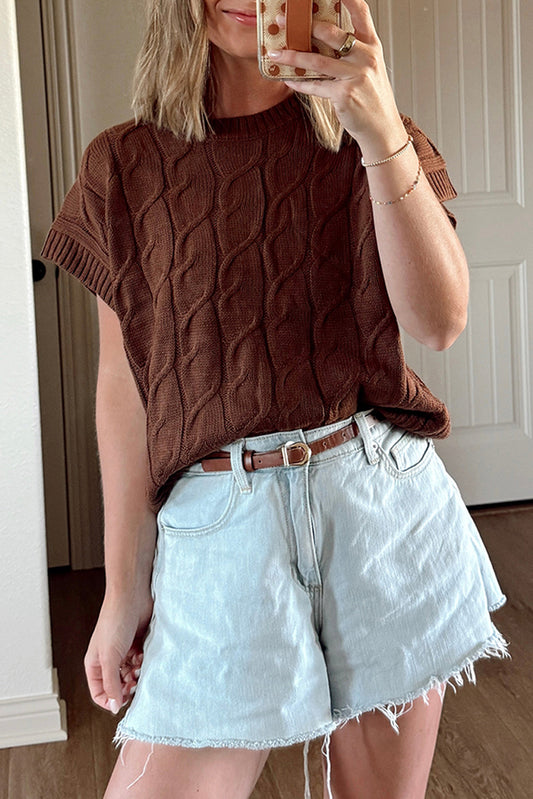 Dark Brown Cable Texture Crew Neck Short Sleeve Sweater Top - Rich Elegance