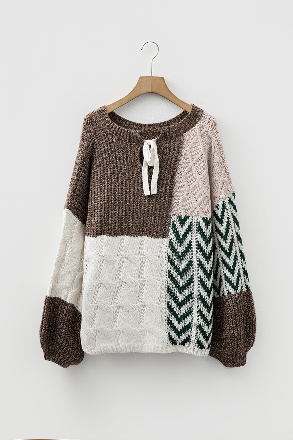 Brown Color Block Patchwork Knotted Back Loose Fit Sweater - Artistic Design