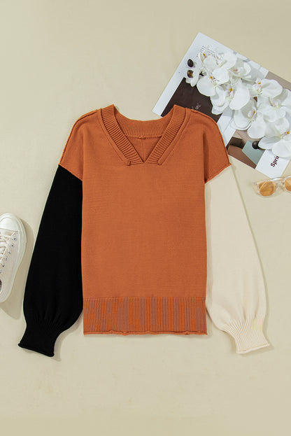 Desert Gold Colorblock Raw Edge Bubble Sleeve V Neck Sweater - Statement Style