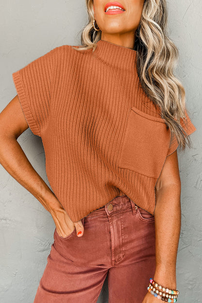 Gold Flame Pattern Patch Pocket Ribbed Knit Short Sleeve Sweater - Statement Style