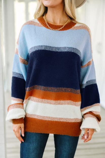 Dark Blue Color Block Round Neck Tunic Sweater - Modern Elegance