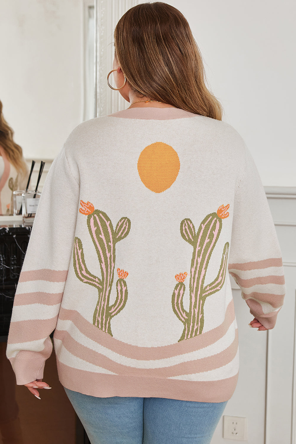 Apricot Western Desert Cactus Print Plus Size Button Cardigan Sweater - Boho Style