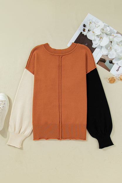 Desert Gold Colorblock Raw Edge Bubble Sleeve V Neck Sweater - Statement Style