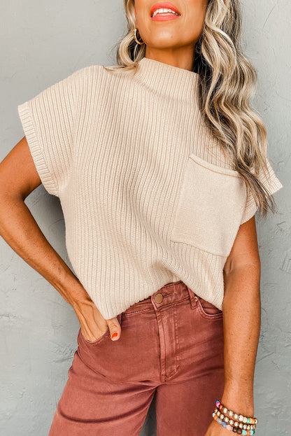 Oatmeal Ribbed Knit Short Sleeve Sweater with Patch Pocket