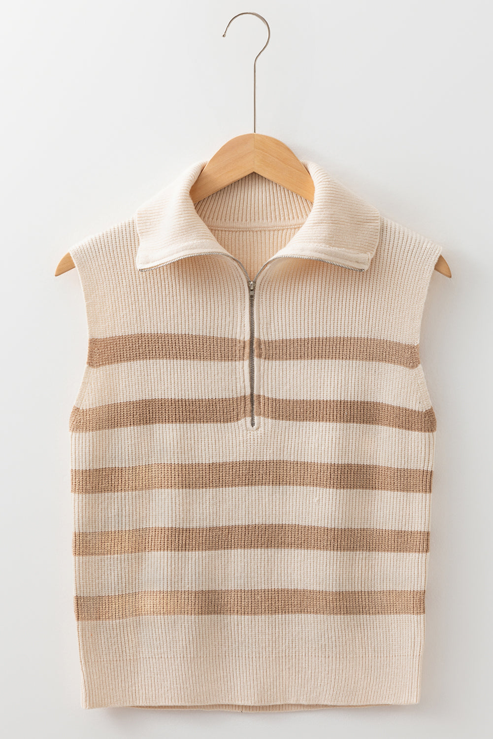 Khaki Stripe Ribbed Half Zip Collared Sweater Vest - Preppy Style