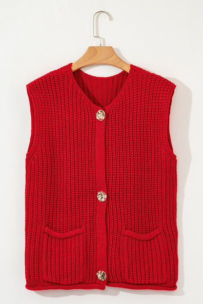 Fiery Red Solid Textured Knit Side Pockets Buttoned Sweater Vest - Bold Statement
