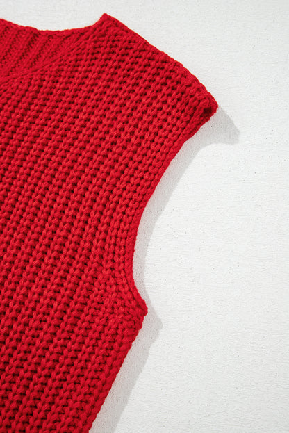 Fiery Red Solid Textured Knit Side Pockets Buttoned Sweater Vest - Bold Statement